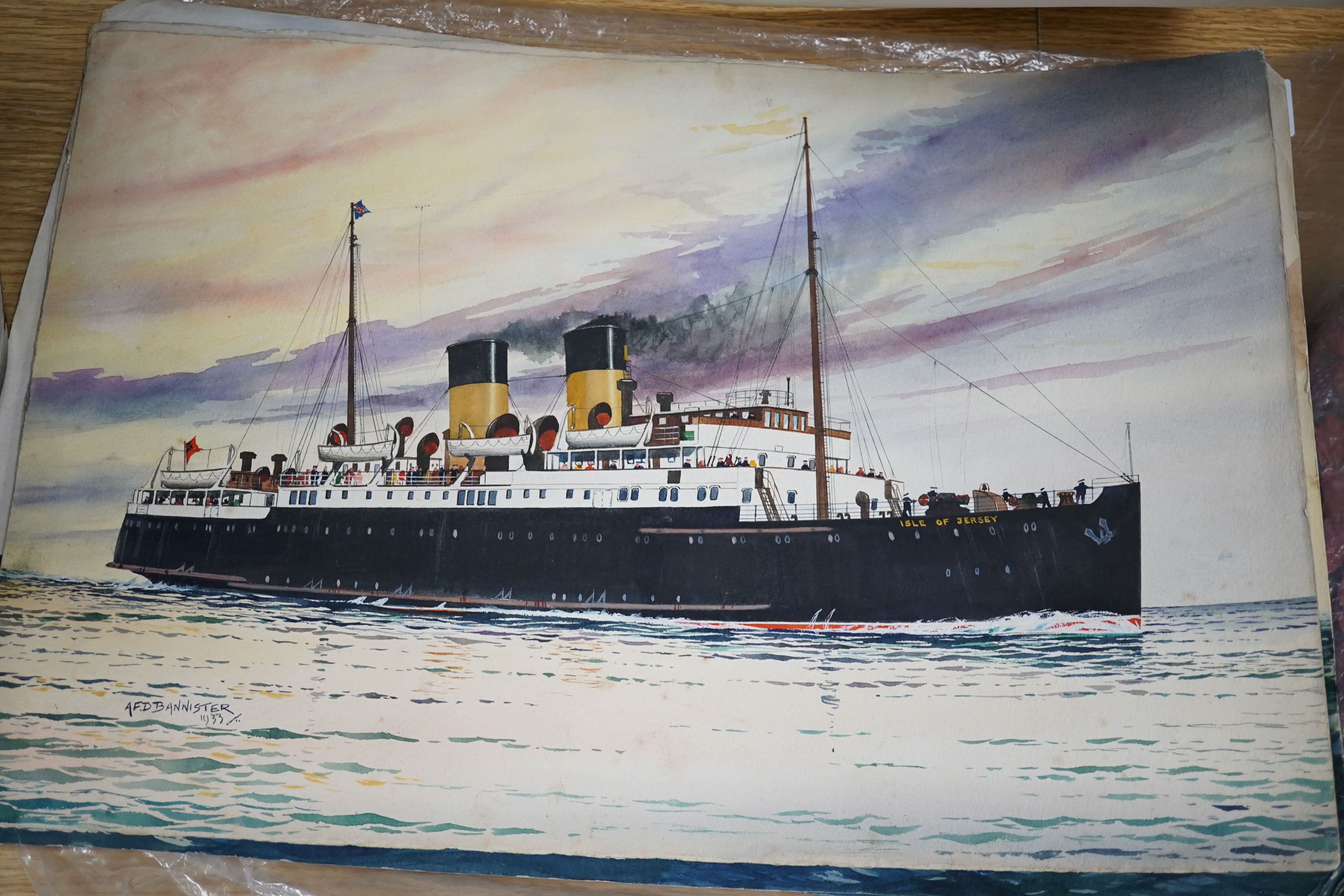 A F D Bannister, five original gouaches on card for postcards, Cross Channel Ferry Steamers, T.S Amsterdam, T.S Brighton, T.S Isle of Jersey, T.S Isle of Sark, each signed, some dated 1933, 31 x 45cm, unframed. Condition